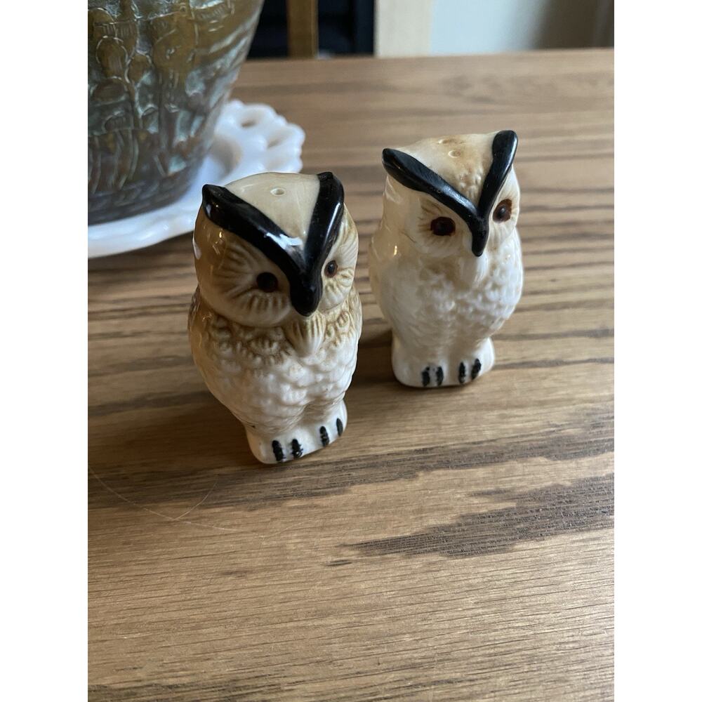 Vintage Salt & Pepper Shakers 3" Tall Brown & White Owls Porcelain Shakers